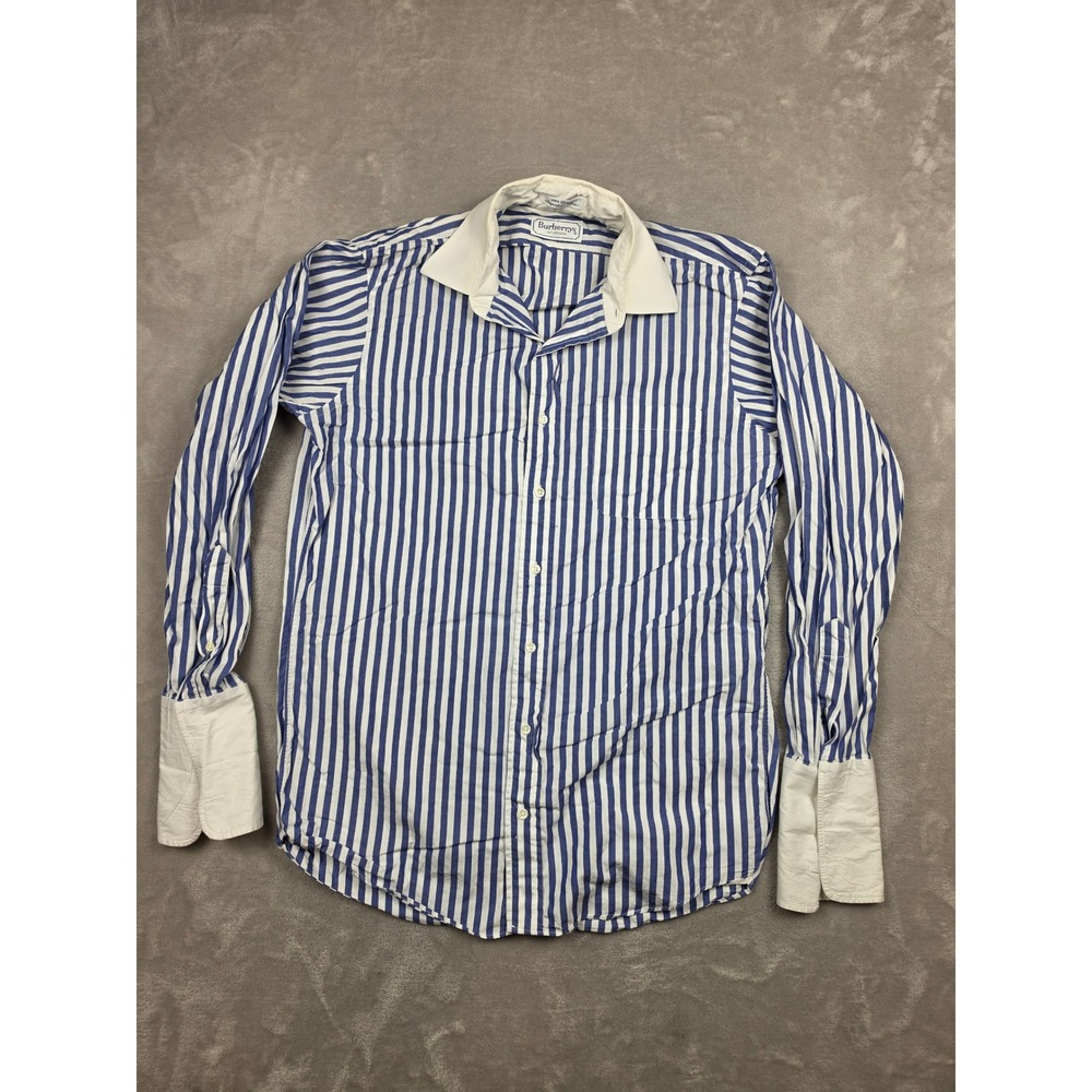 Vintage Burberrys Button Up Shirt Mens 15.5 34 Blue Striped French Cuff *Read